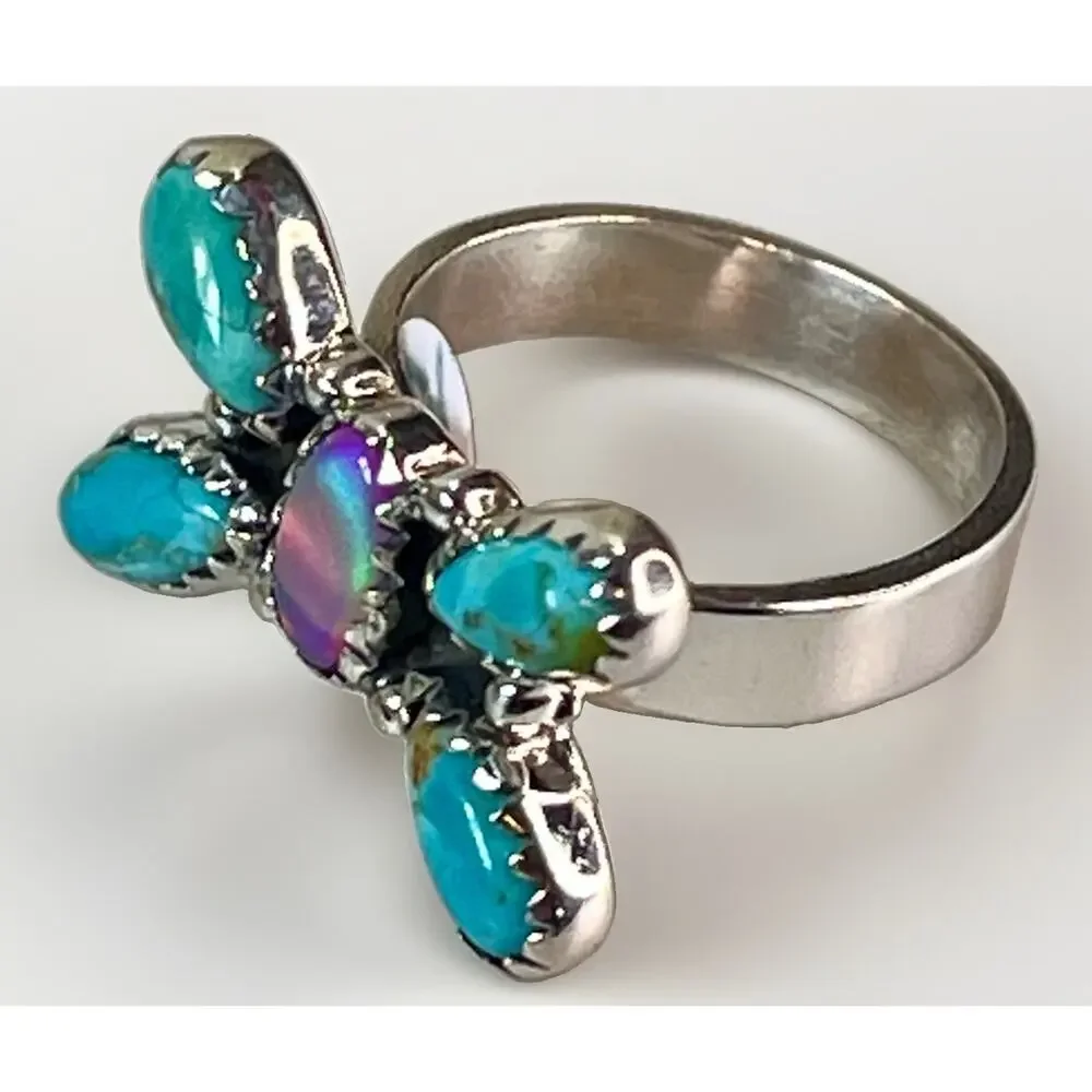 Southwest Sterling Silver Kingman Turquoise Pink Opal Butterfly Cluster Ring